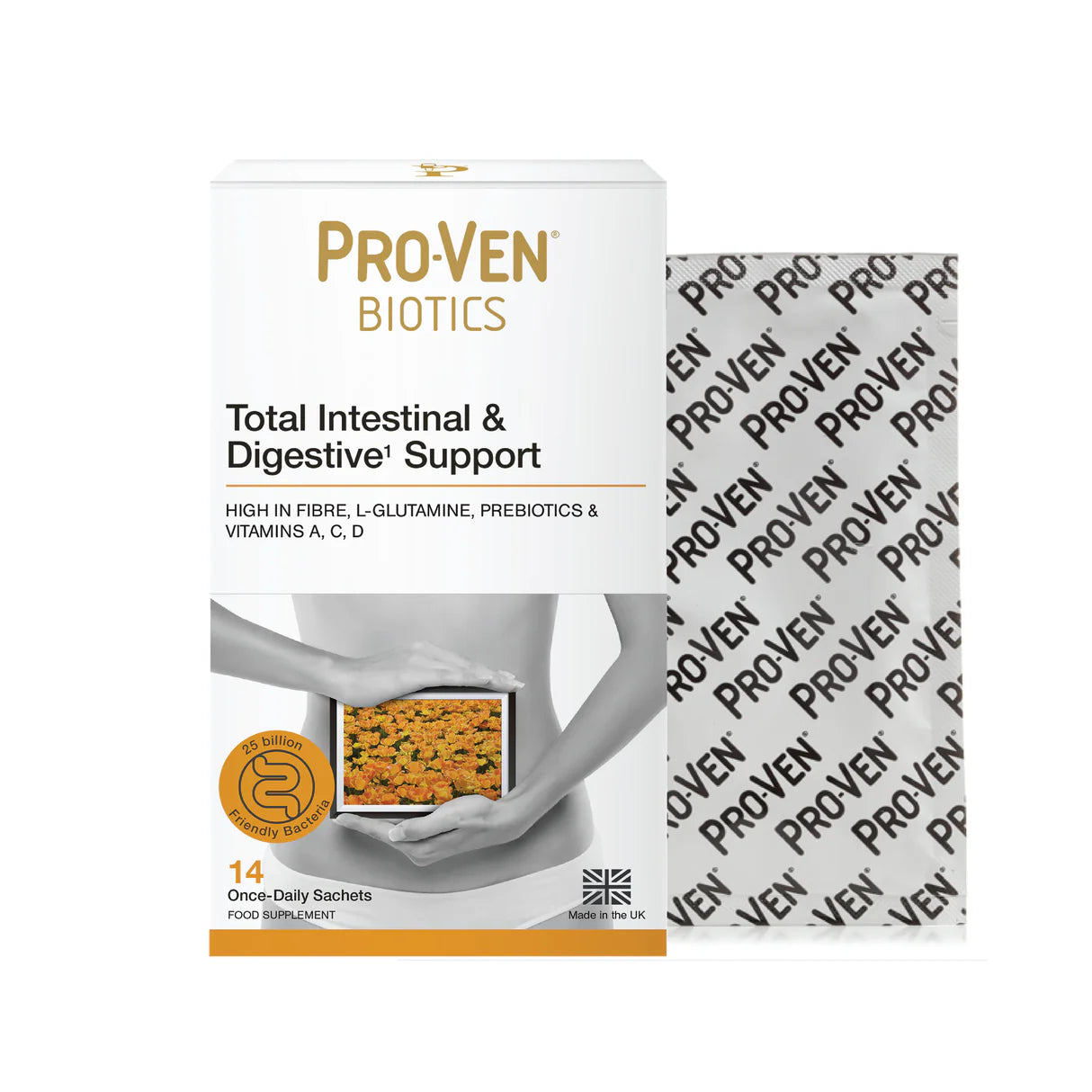 Pro-Ven Biotics total intestinal and digestive support daily supplement sachets.