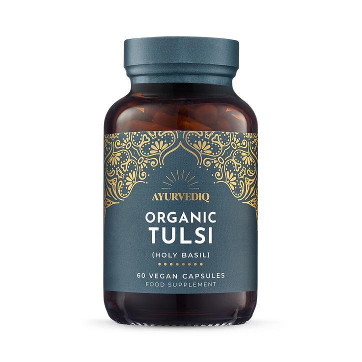 Ayurvediq Organic Tulsi (Holy Basil) food supplement, 60 vegan capsules.