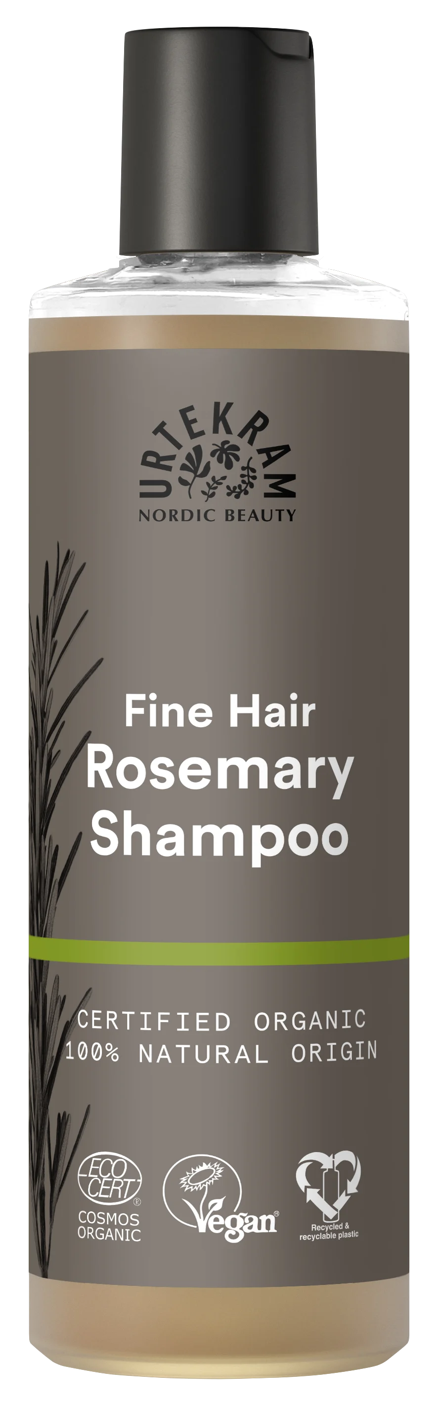 Urtekram Nordic Beauty Rosemary Shampoo for fine hair, 250ml bottle, certified organic, 100% natural origin, and vegan.