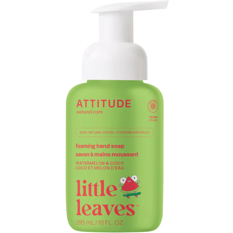 ATTITUDE Little Leaves foaming hand soap, Watermelon & Coco scent, 295 ml (10 fl. oz.) vegan formula.