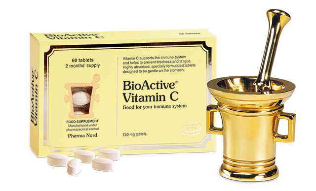 Pharma Nord BioActive Vitamin C buffered tablets for immune support, skin health, and energy metabolism.