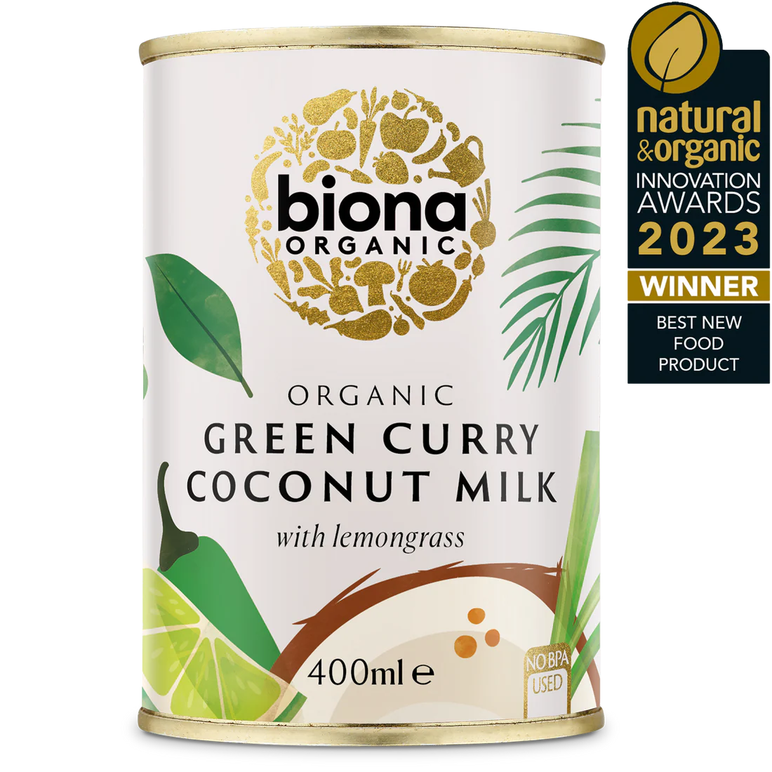 Biona Organic Green Curry Coconut Milk with lemongrass, 400ml can, winner of the Natural & Organic Innovation Awards 2023 for Best New Food Product.