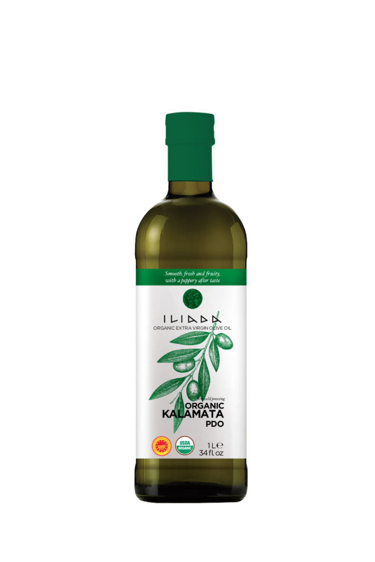 Iliada Organic Kalamata PDO Extra Virgin Olive Oil 1 litre bottle.