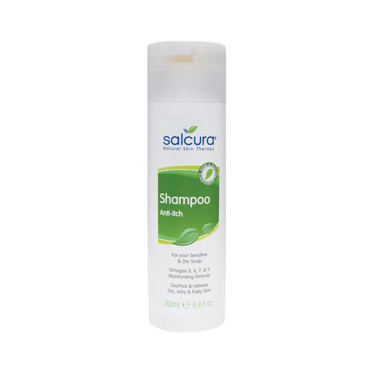 Salcura Shampoo Anti-itch, a 200ml moisturising formula for sensitive and dry scalps, designed to soothe and relieve dry, itchy, and flaky skin with Omegas 3, 6, 7, and 9.