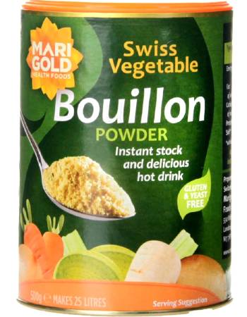Marigold Swiss Vegetable Bouillon instant stock powder in 500g container.