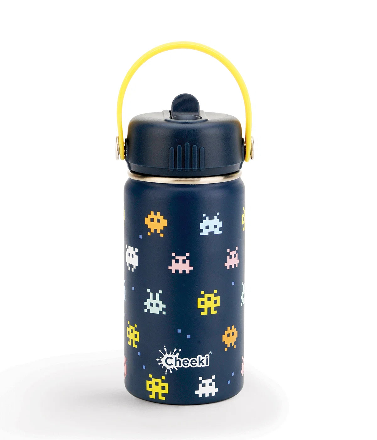 A navy blue insulated water bottle with a yellow carrying handle and a retro pixel-art space theme. The bottle features colorful pixel aliens and has the 'Checki' brand logo printed near the bottom.