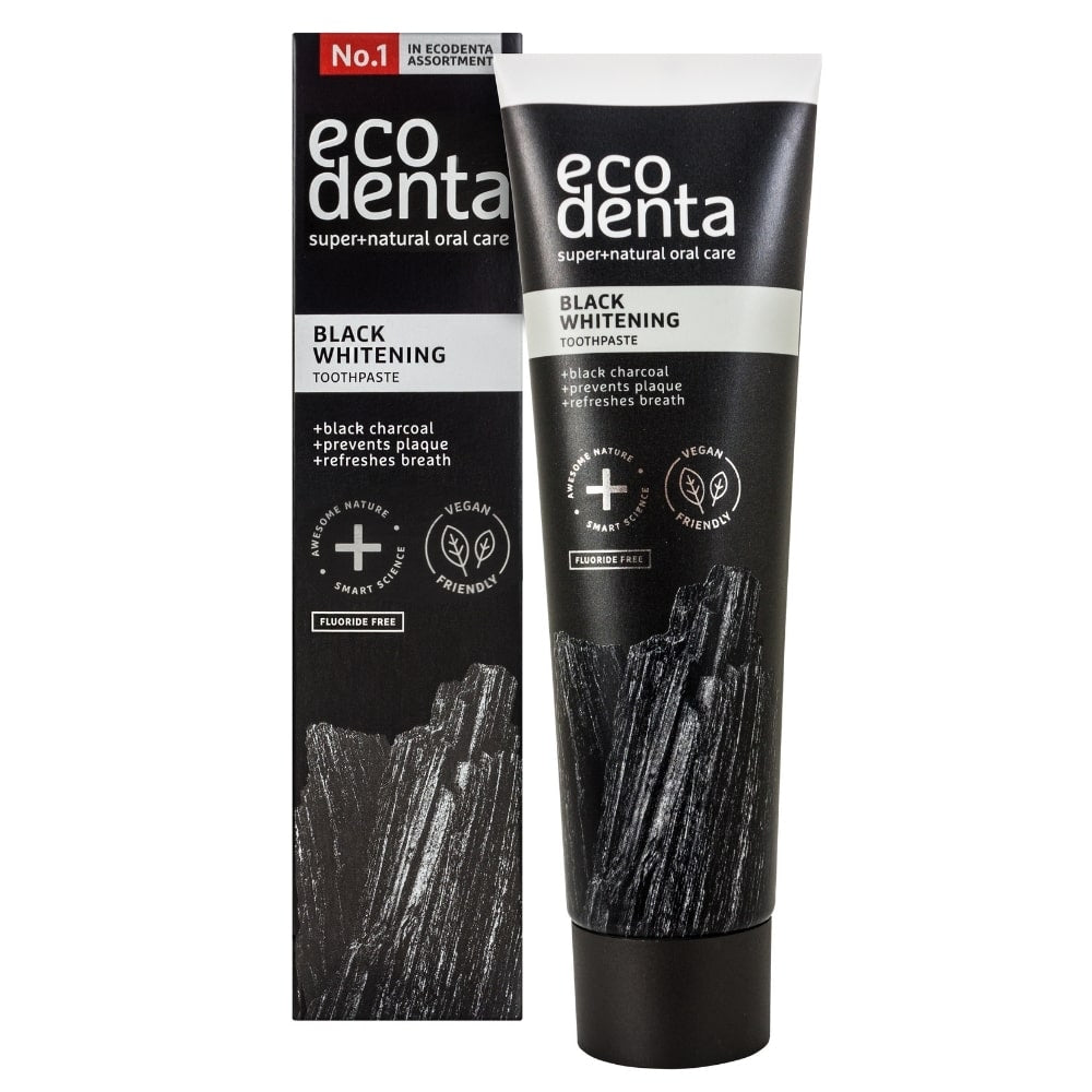 Ecodenta Black Whitening Toothpaste tube and box with black charcoal design. Highlights vegan, fluoride-free, and plaque prevention features.