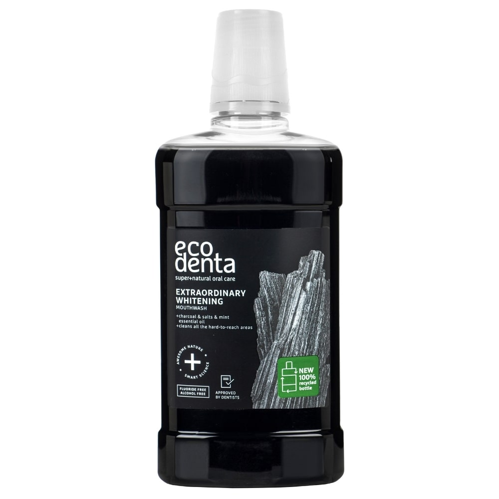 Black bottle of Ecodenta Extraordinary Whitening Mouthwash with charcoal image. Label highlights natural ingredients and recycled packaging.