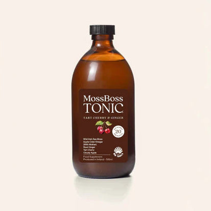 MossBoss Tonic Tart Cherry & Ginger, 500ml glass bottle featuring Wild Irish Sea Moss and apple cider vinegar.