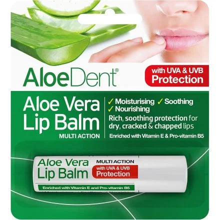 AloeDent multi-action Aloe Vera Lip Balm with UVA & UVB protection, enriched with Vitamin E and Pro-vitamin B5, shown in its original retail packaging.
