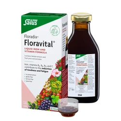 Salus Floravital liquid iron and vitamin formula with measuring cup.