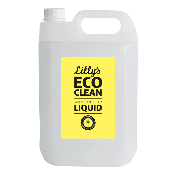 Lilly's Eco Clean lemon scented washing-up liquid, 5-liter bulk refill container, made in Ireland with lemon essential oil.