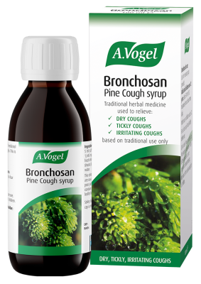 A.Vogel Bronchosan Pine Cough syrup, a traditional herbal medicine formulated to relieve dry, tickly, and irritating coughs, shown in its bottle alongside its product packaging.