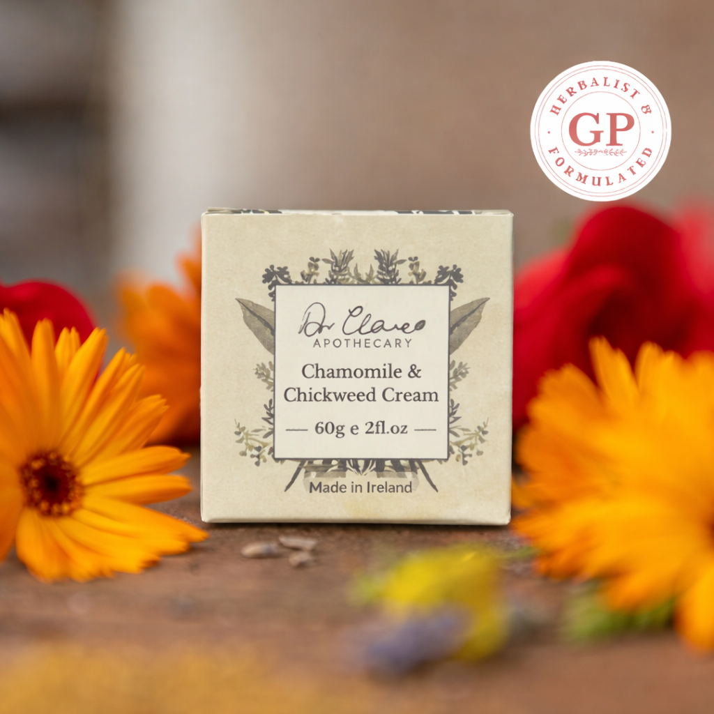 Dr Clare Apothecary Chamomile and Chickweed Cream for itchy skin relief and soothing irritation 60g.