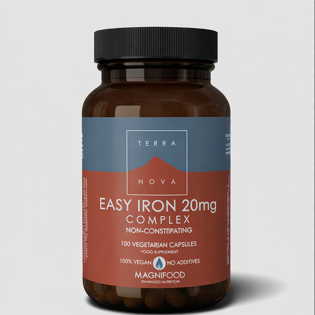 Terranova Easy Iron 20mg Complex vegan capsules for energy support and red blood cell formation.