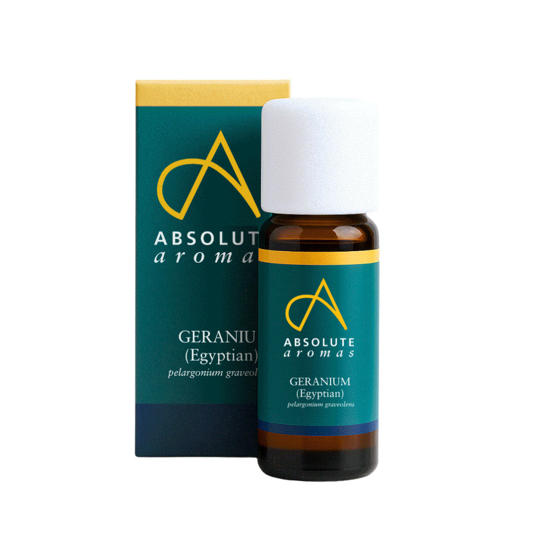 A bottle of Absolute Aromas Geranium (Egyptian) essential oil next to its teal and gold packaging box, set against a plain white background.