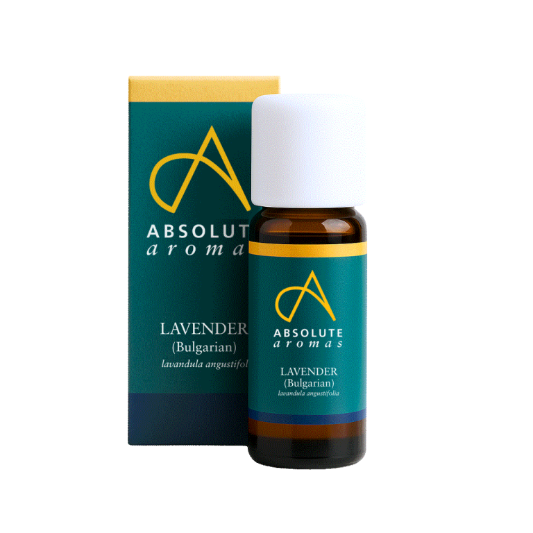 A small amber glass bottle and matching box of Absolute Aromas Bulgarian Lavender (Lavandula angustifolia) essential oil with a white cap against a black background.