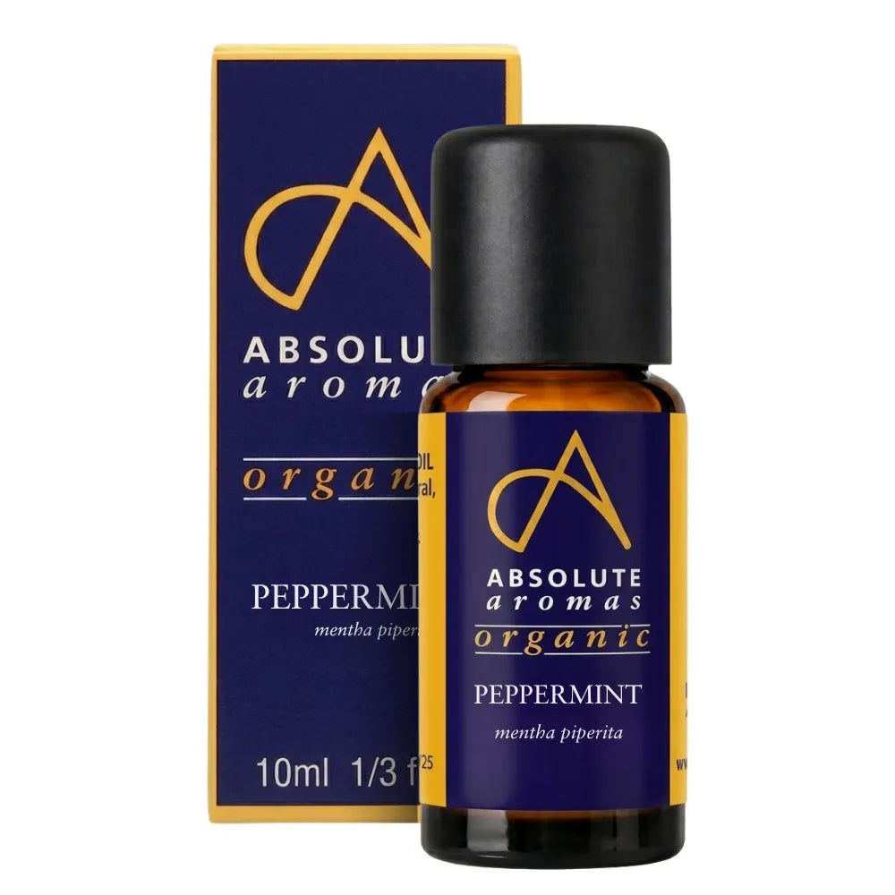 A 10ml amber glass bottle of organic peppermint essential oil with a black cap and navy-gold packaging.