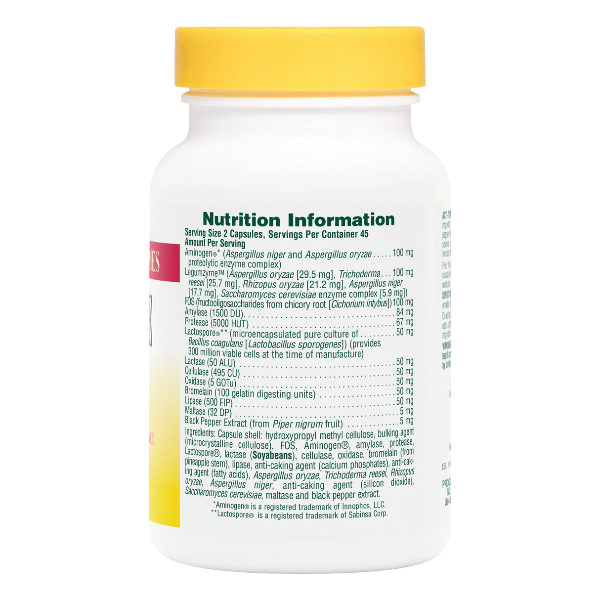 Back label of NaturesPlus Acti-Zyme supplement bottle showing nutrition facts, serving size of 2 capsules, and a comprehensive list of digestive enzymes including amylase, protease, and lactase.