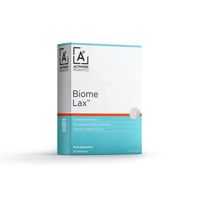 Biome Lax probiotic 30 capsules for bowel regularity and digestion with 10 strain probiotic blend and Triphala extract.