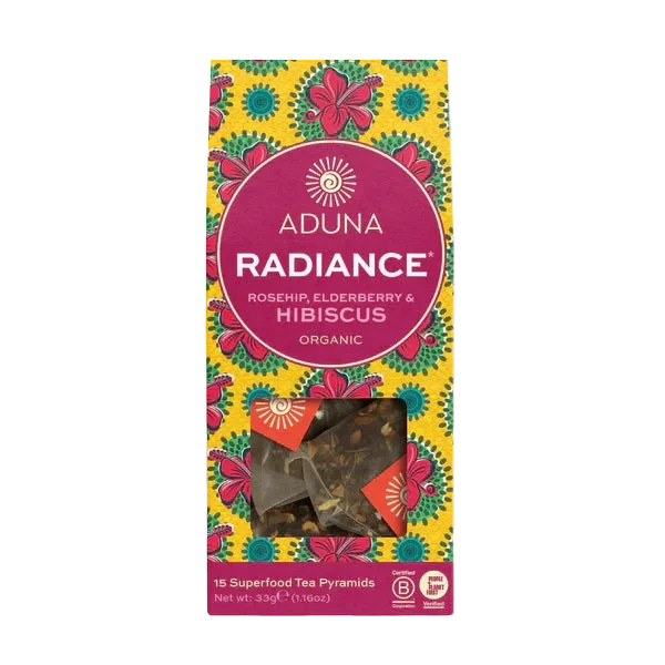 Aduna Radiance Rosehip, Elderberry & Hibiscus Organic Superfood Tea box.