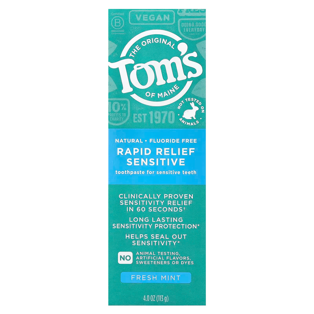 Tom's of Maine Rapid Relief sensitive toothpaste fluoride free fresh mint with arginine and calcium carbonate Ireland health store.