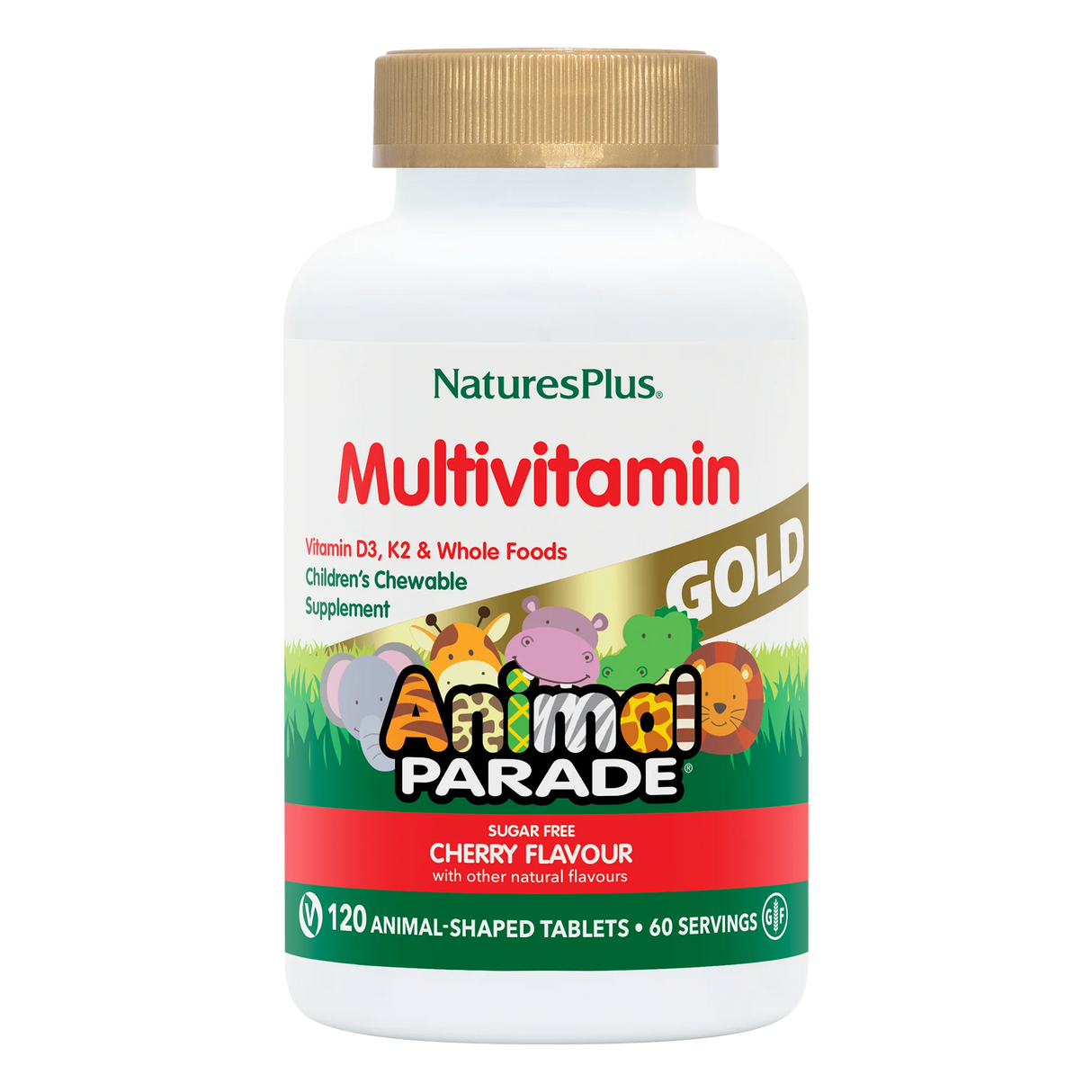 NaturesPlus Animal Parade Gold 120 cherry flavor sugar-free chewable tablets for children.
