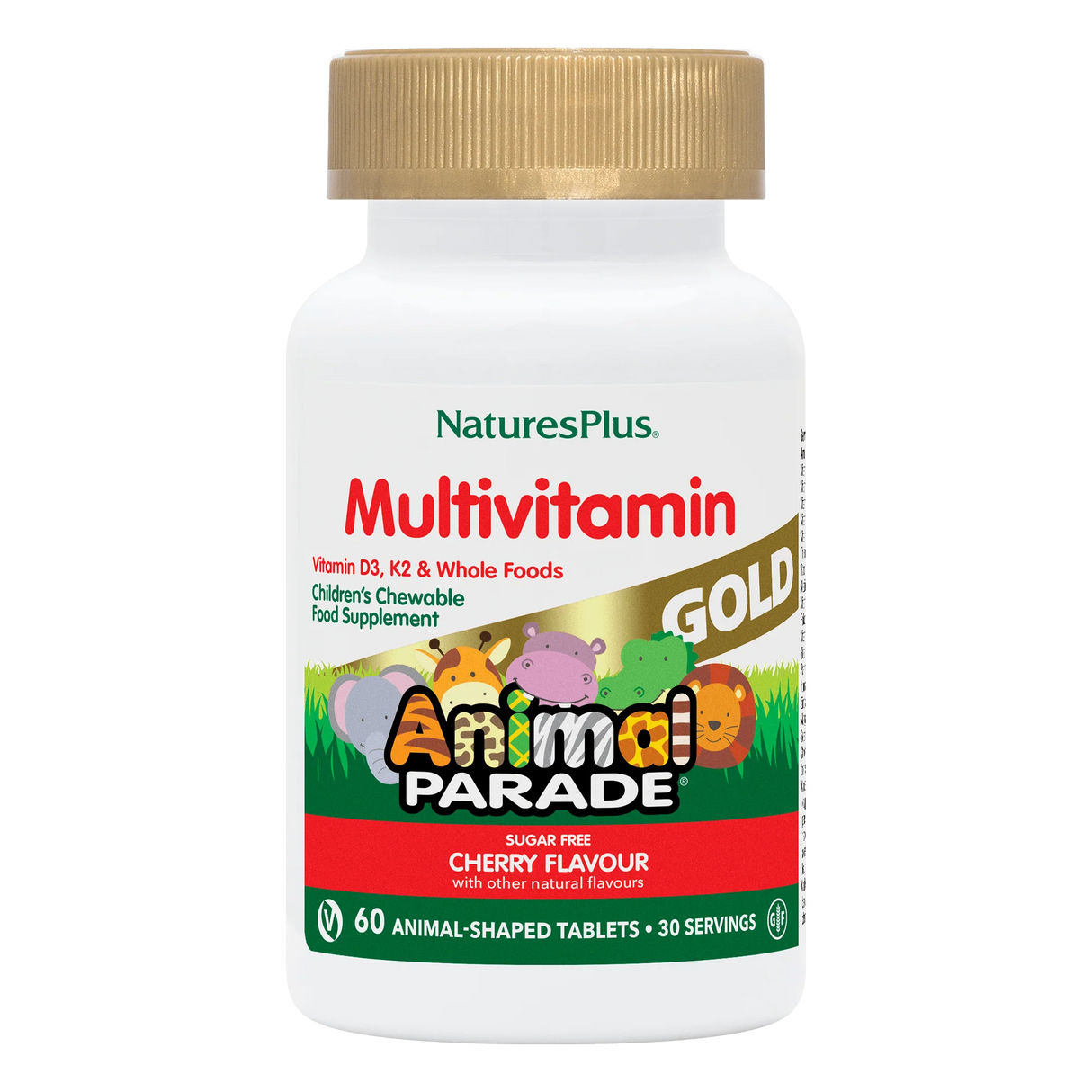 Nature's Plus Animal Parade Gold children's chewable multivitamin 120 cherry tablets with probiotics and Vitamin K2 for immune and bone support.