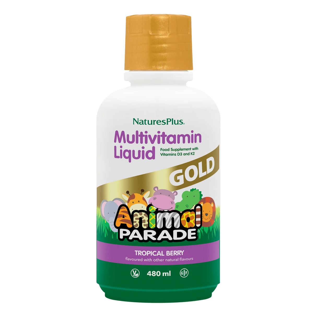 Nature's Plus Animal Parade Gold children's liquid multivitamin 473ml tropical berry flavour with Vitamin K2 and D3 for immune and bone support.