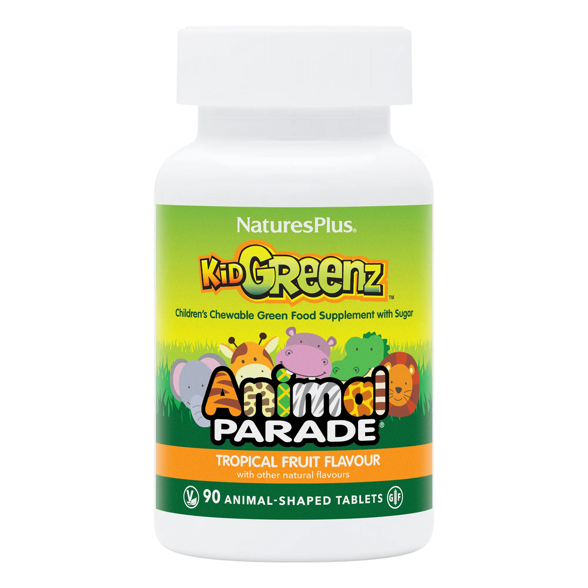 Nature's Plus Animal Parade KidGreenz children's chewable green food supplement 90 tablets for immune and digestive support.