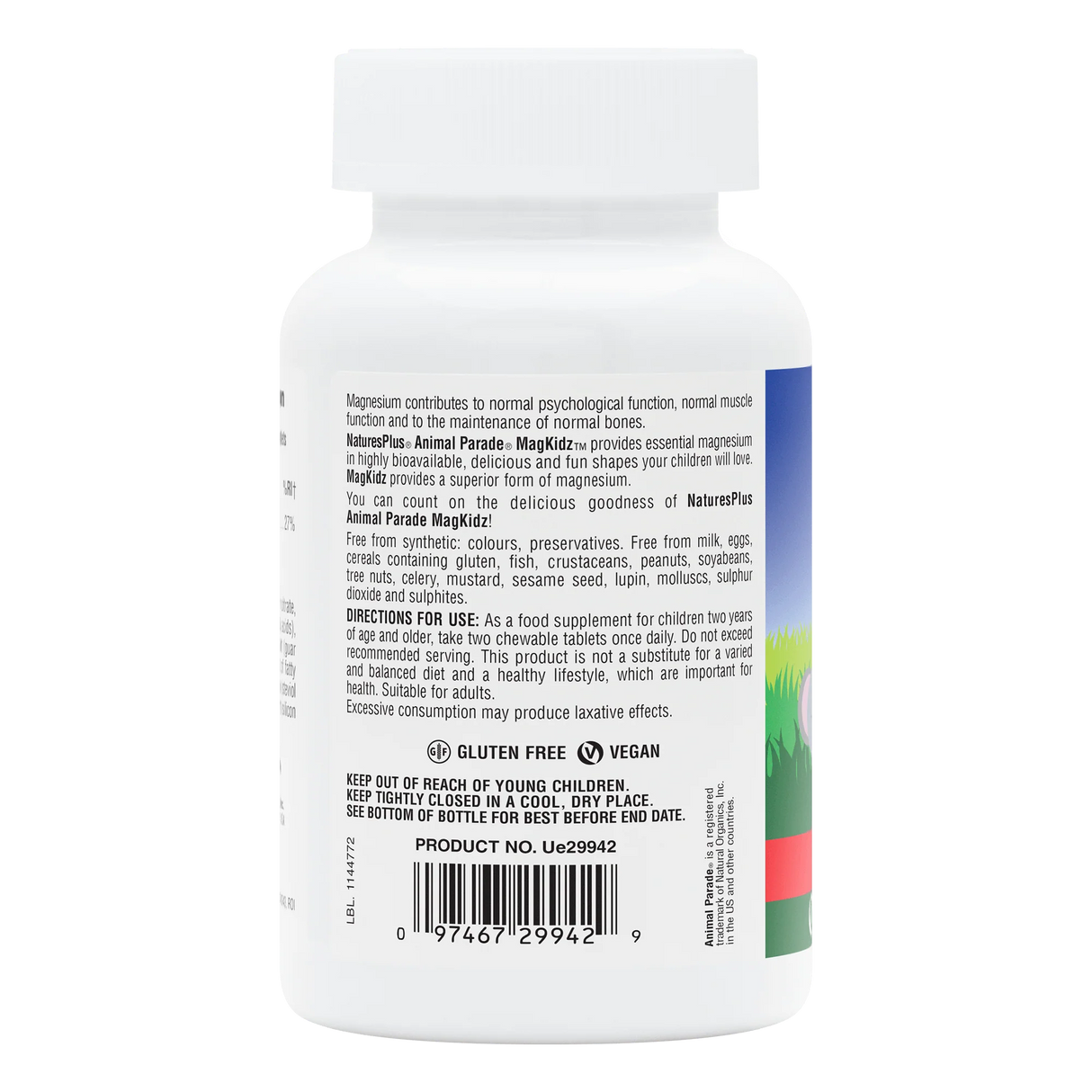 NaturesPlus Animal Parade MagKidz cherry flavored tablets product directions, ingredients, and vegan certification label.