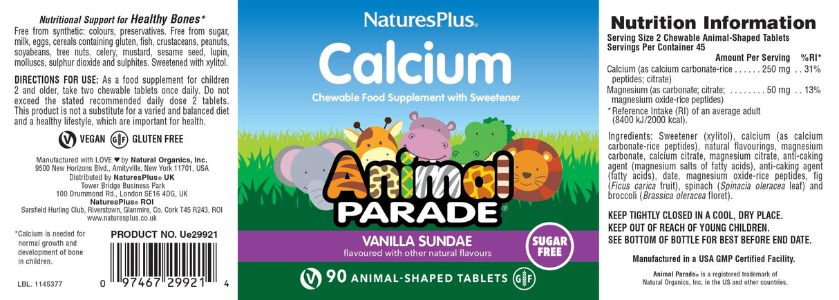 Full flat label for NaturesPlus Animal Parade Calcium Vanilla Sundae chewable tablets, showing nutrition facts, ingredients, and directions for use.