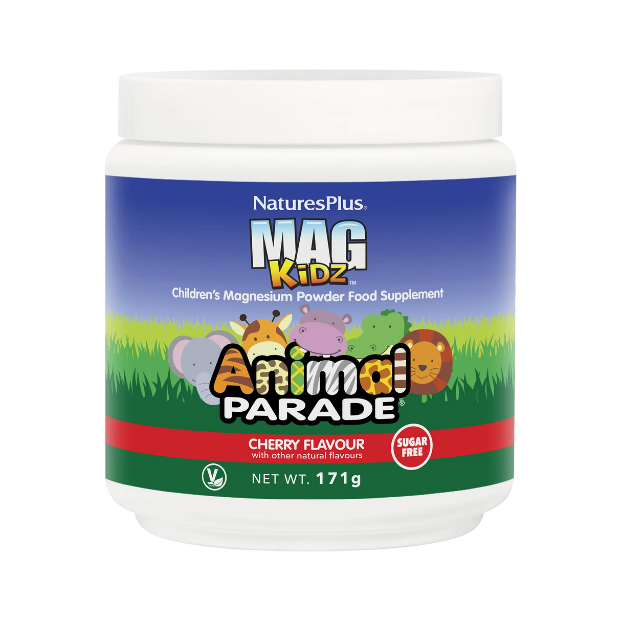 Nature's Plus Animal Parade MagKidz children's magnesium powder, sugar-free cherry flavour for muscle and nervous system support.