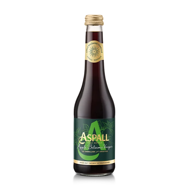 A bottle of Aspall Apple Balsamic Vinegar, a product from Suffolk designed to embellish and sweeten dishes.
