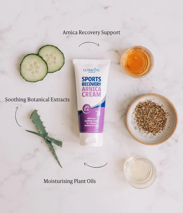 A flat-lay image featuring a tube of ULTRAPURE Laboratories Sports Recovery Arnica Cream on a marble surface, surrounded by botanical ingredients like cucumber slices, aloe vera, and plant oils. Text overlays highlight "Arnica Recovery Support," "Botanical Extracts," and "Moisturising Plant Oils."