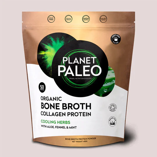 Planet Paleo Organic Bone Broth Collagen Protein, Cooling Herbs flavor with aloe, fennel, and mint, 450g pouch.