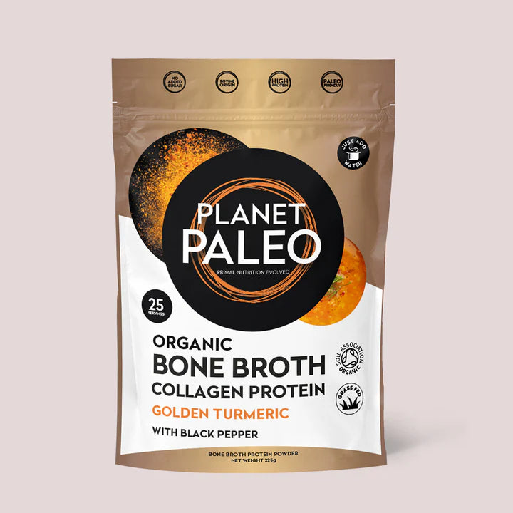 Planet Paleo Organic Bone Broth Collagen Protein, Golden Turmeric flavor with black pepper, 225g pouch.