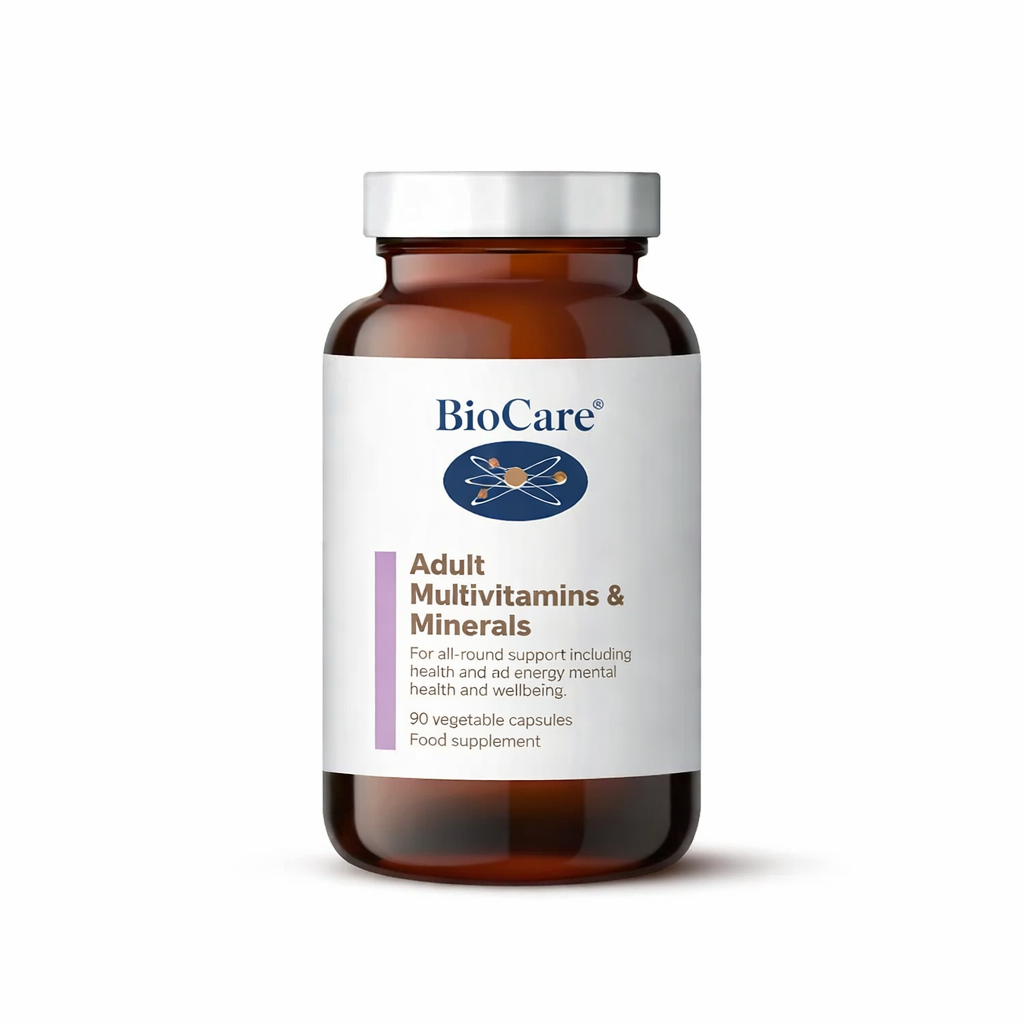 A 60-capsule amber glass jar of BioCare Methyl B Complex with methylfolate and methyl B12 for energy and nervous support, featuring a white and light purple label and silver cap, isolated on a white background.