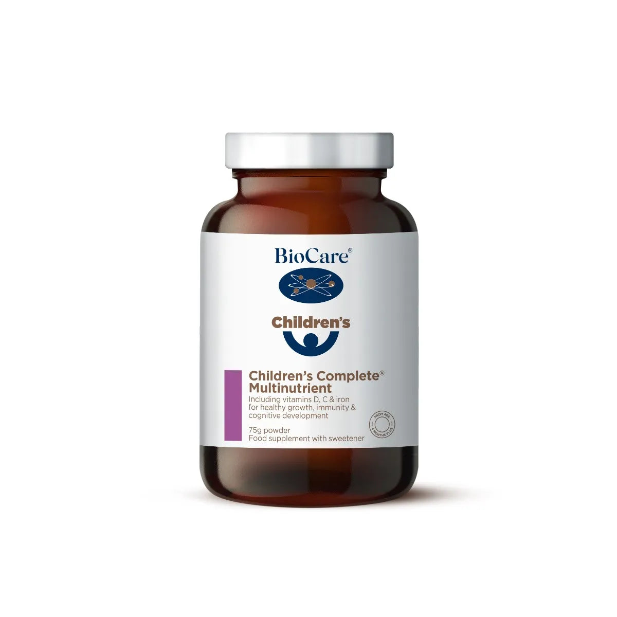 A 75g jar of BioCare Children's Complete Multinutrient powder food supplement with a white and purple label and silver cap, isolated on a white background.
