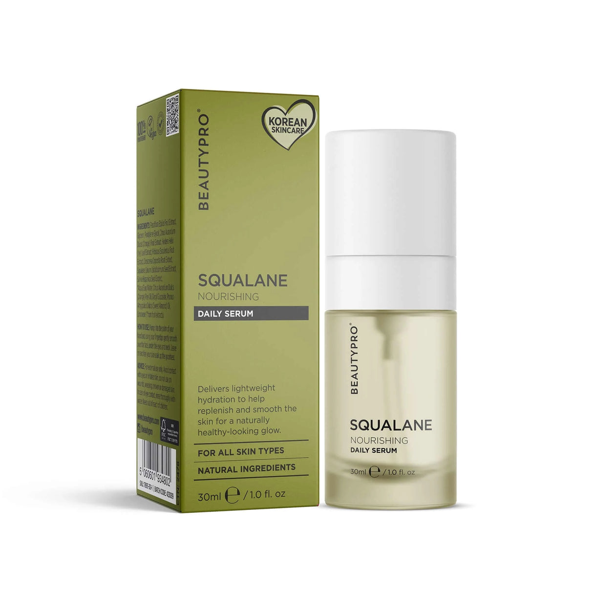 BEAUTYPRO Squalane Nourishing Daily Serum, 30ml pump bottle next to a green box, labeled for all skin types with natural ingredients, Korean skincare.