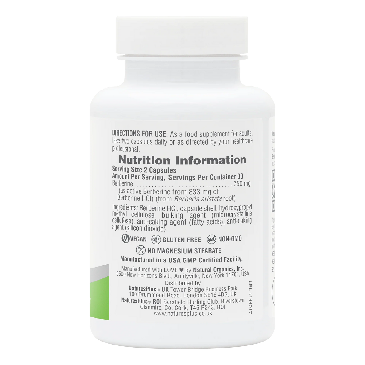 Back label of NaturesPlus PRO Berberine 750 supplement bottle showing nutrition facts, serving size of 2 capsules, 750mg Berberine dosage, and certifications including Vegan, Gluten-Free, and Non-GMO.