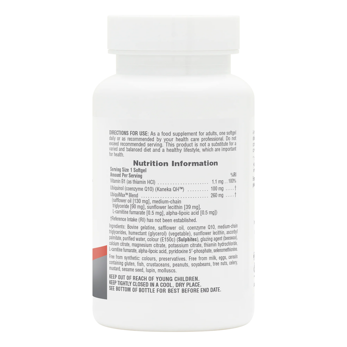 Back label of NaturesPlus Beyond CoQ10 supplement bottle showing nutrition information, serving size of 1 softgel, 100mg Ubiquinol dosage, and full ingredient list on a white container.
