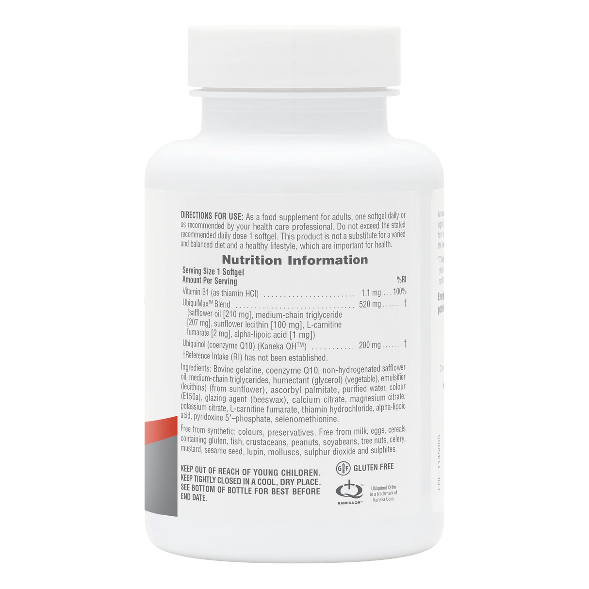 Back of bottle label for NaturesPlus Beyond CoQ10 200mg Ubiquinol showing nutrition facts, directions for use, and a comprehensive list of ingredients and allergens.