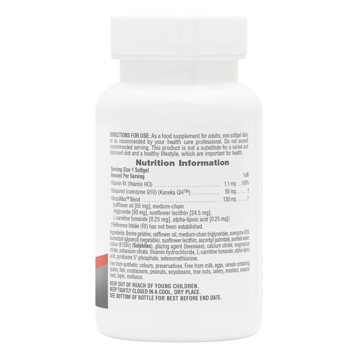 Back label of NaturesPlus Beyond CoQ10 supplement bottle showing Nutrition Information, ingredients list, and storage directions.