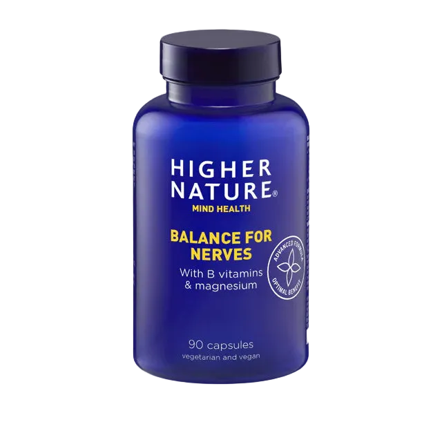 Higher Nature Balance for Nerves 90 vegetarian and vegan capsules, formulated with B vitamins and magnesium.