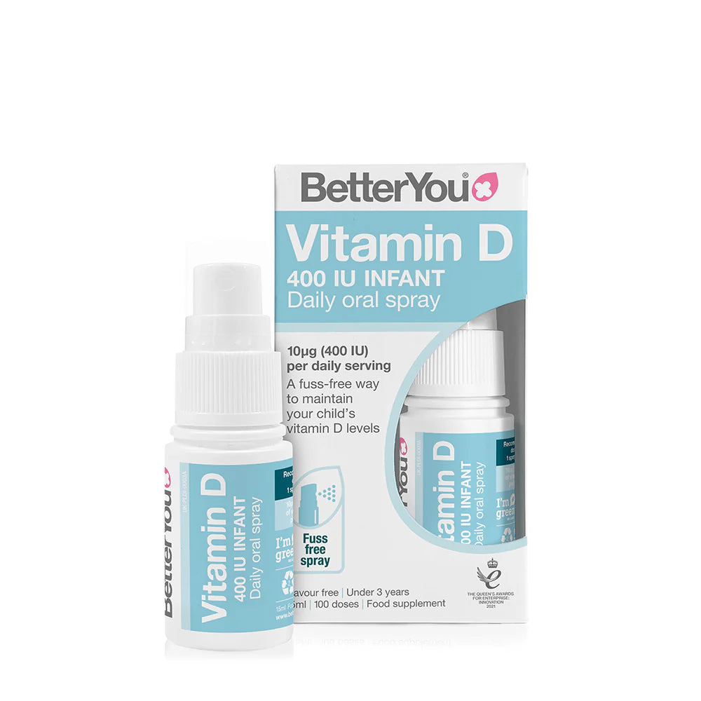 A bottle and box of BetterYou Vitamin D 400 IU Infant Daily Oral Spray, featuring light blue and white branding, flavor-free, and suitable for children under 3 years.