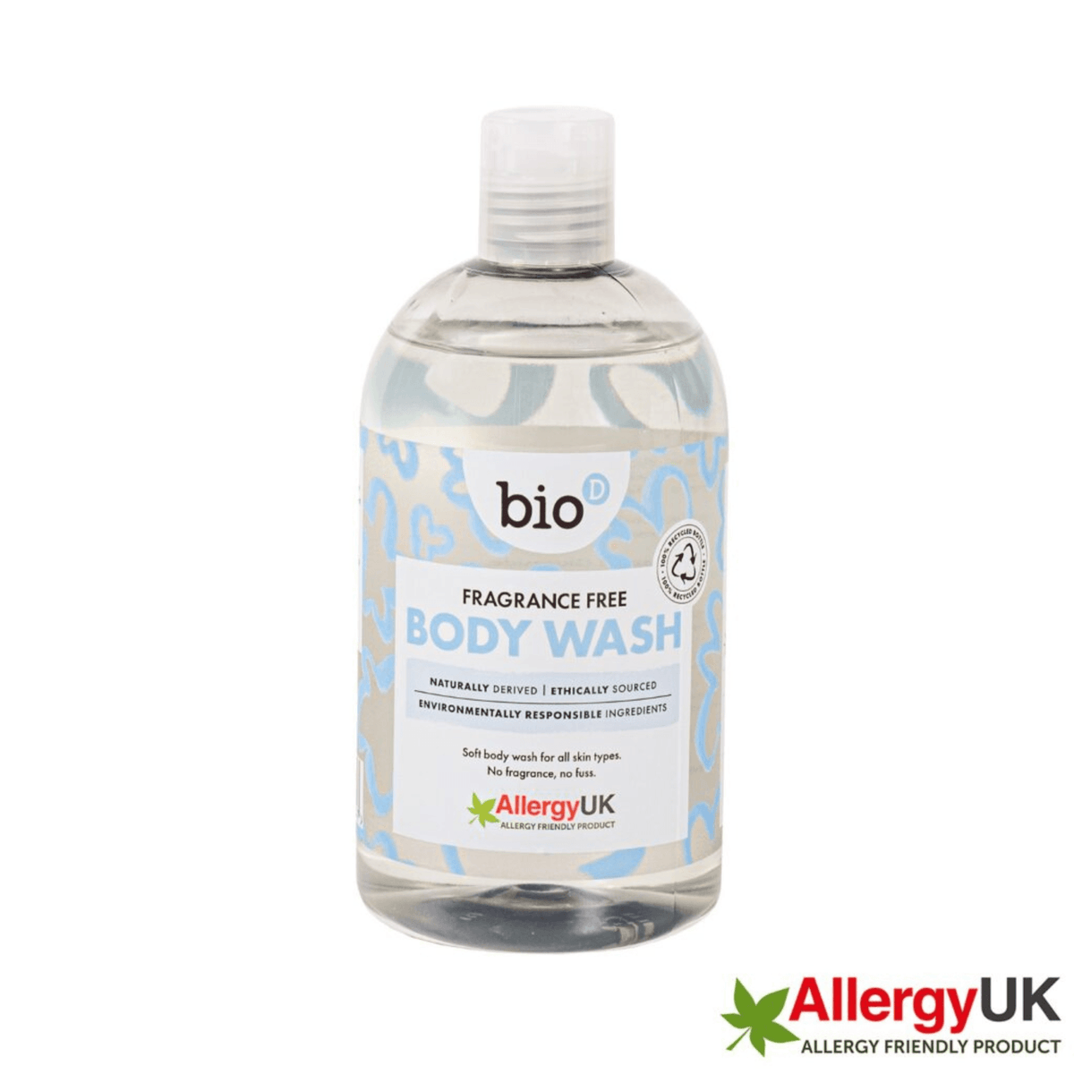 A bottle of bio brand fragrance-free body wash with a clear cap and a light blue patterned label, shown on a white background with an AllergyUK logo in the bottom right corner.