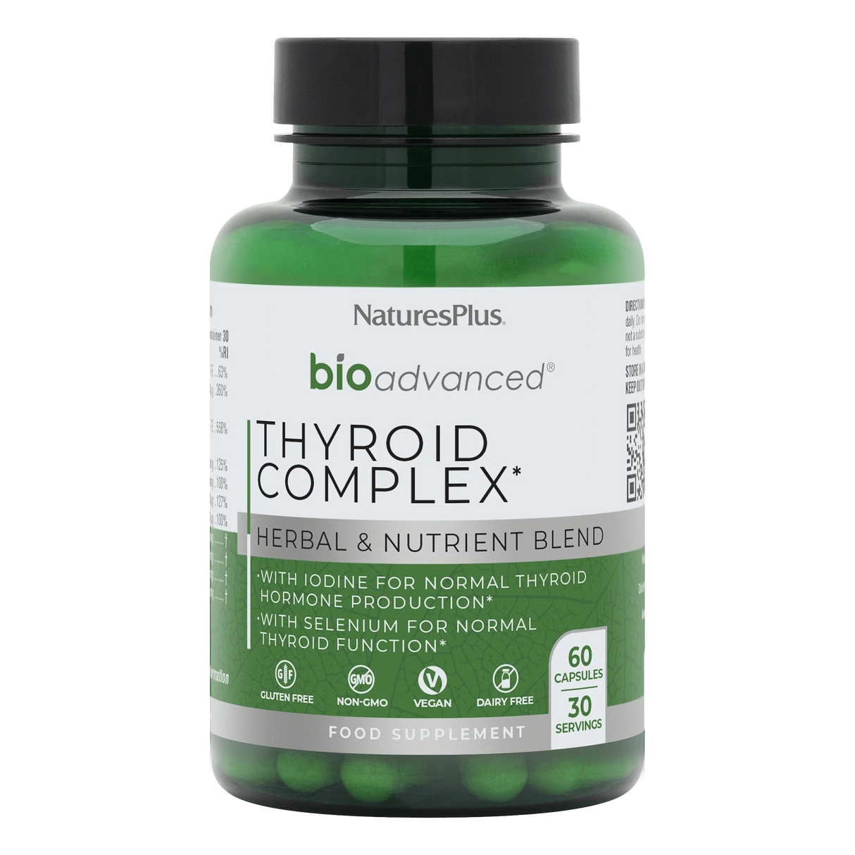 Nature's Plus BioAdvanced Thyroid Support 60 vegan capsules with Iodine Selenium and Ashwagandha for metabolism and hormone support.