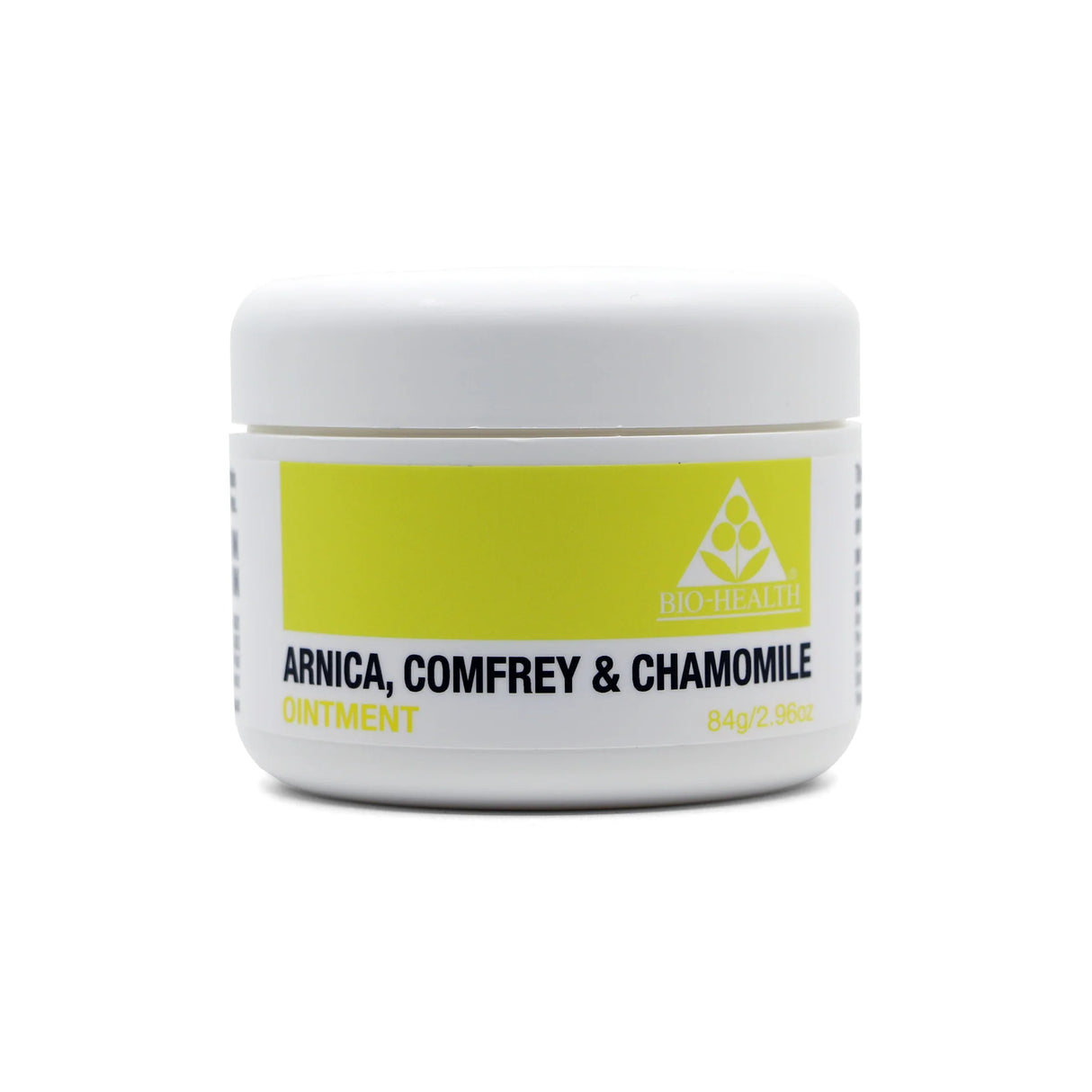 A small white plastic jar of Bio-Health ointment with a yellow and white label featuring the text "Arnica, Comfrey & Chamomile Ointment" and a triangular logo.