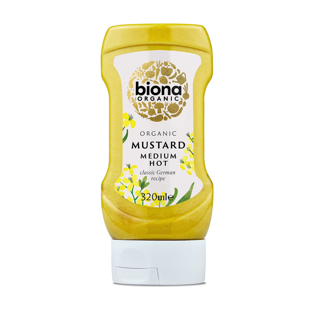 Biona Organic Medium Hot Mustard, a classic German recipe in a 320ml squeeze bottle.